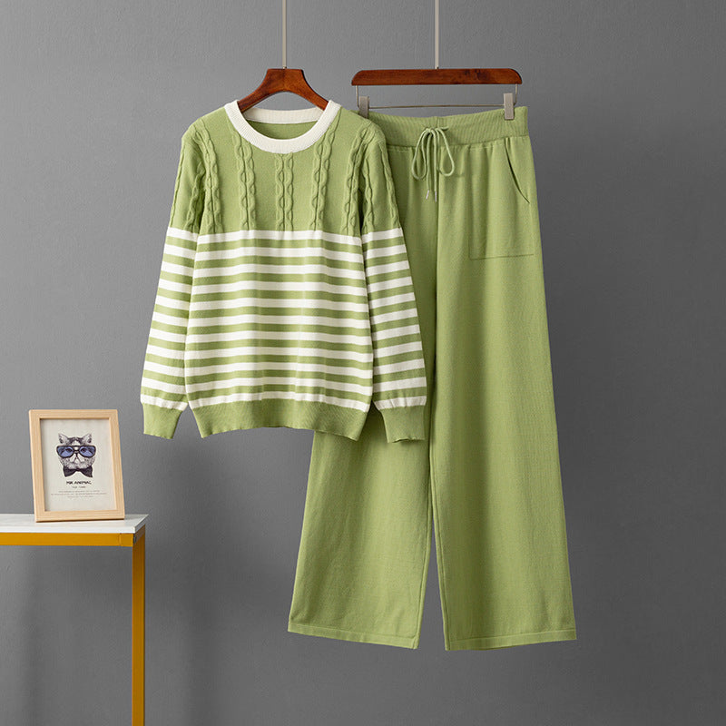 Round neck sweater loose pants two-piece set