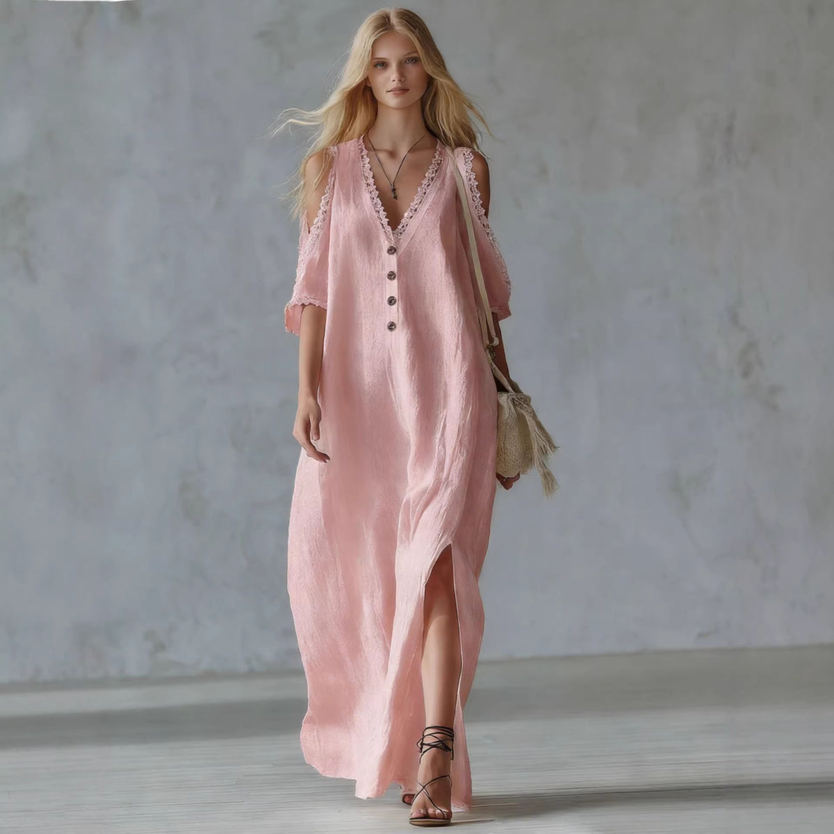 Style Lace Trim Loose Off-Shoulder Casual Women's Dress Long Dress