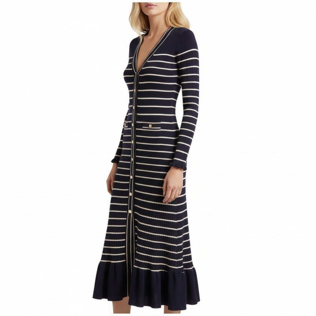 Elegant Fitted Knitted Tweed Stripe Long Sleeve Ruffle Dress with Single Breasted Design Autumn/Winter Lady's Dress