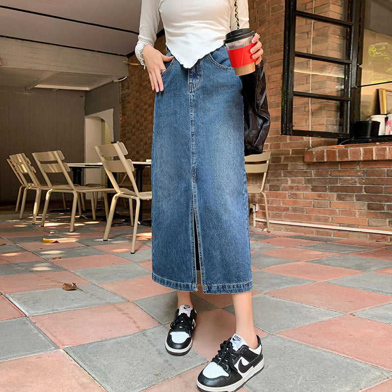 Half-sleeve High-Waisted Split A-Line Denim Skirt for Women, Vintage INS Style Slim-Fitting Mid-Length Bodycon Skirt