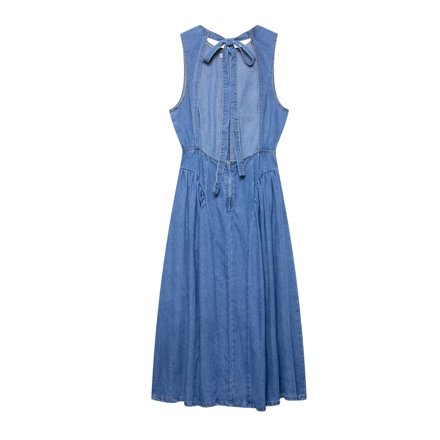 Backless hanging neck tied denim dress