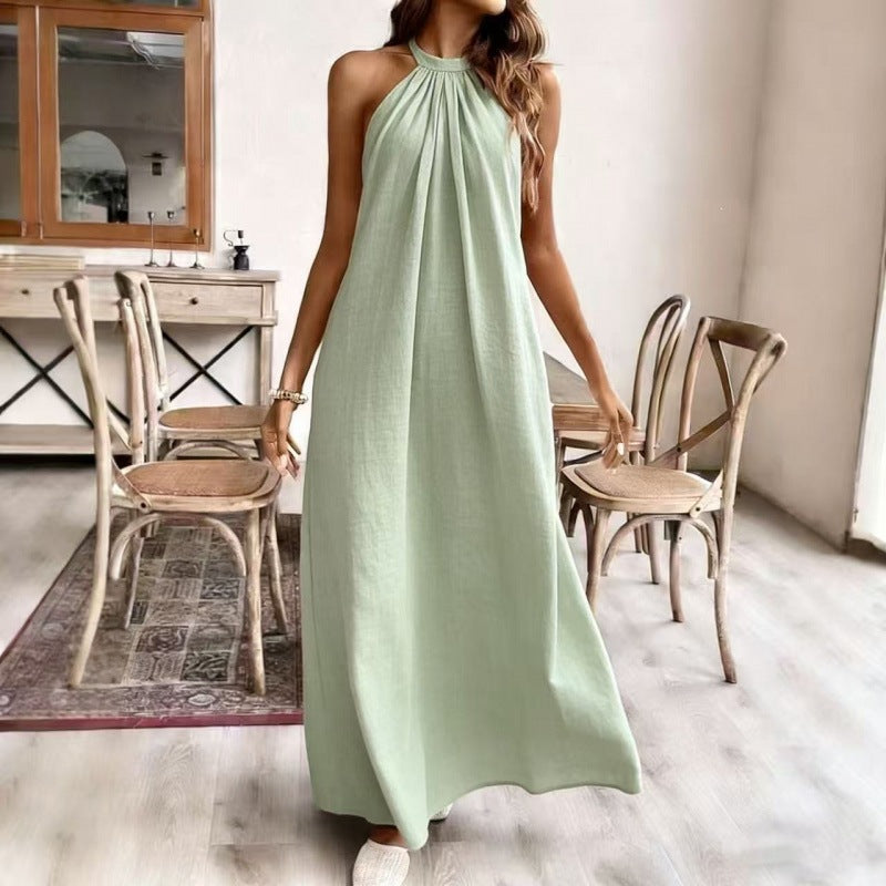Elegant Solid Color Loose Fashion Halter Backless Long Dress for Women