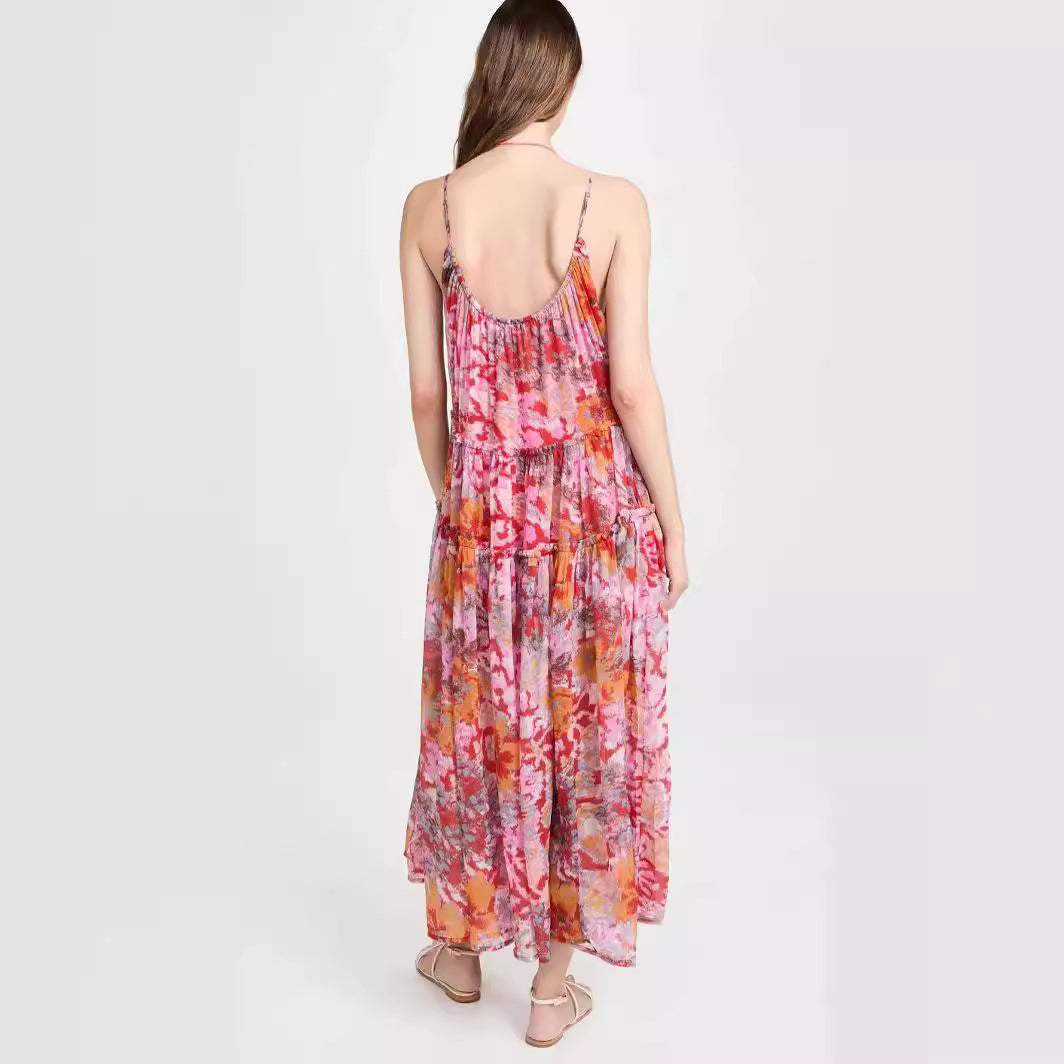Elegant Chiffon Printed Strapless Dress INS Casual Loose Vacation Dress