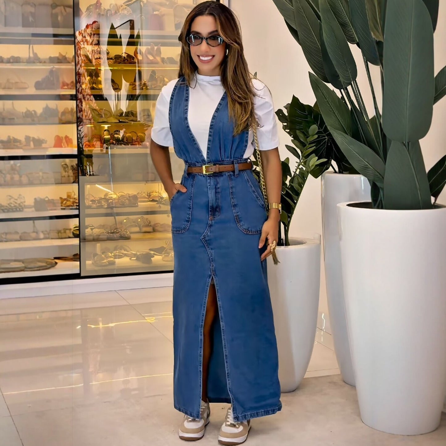 Western-style Women's Denim Jumpsuit Dress Deep V-Neck High-Slit Overall Long Dress