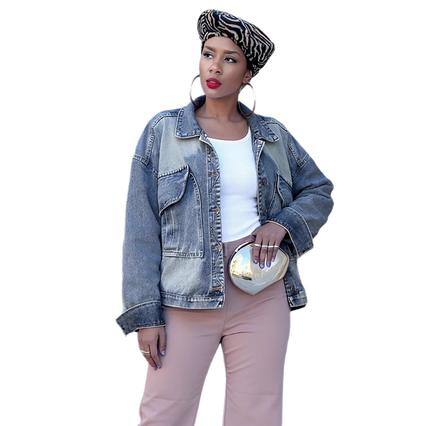 Street Style Loose Fit Oversized Pocket Bleached Denim Jacket