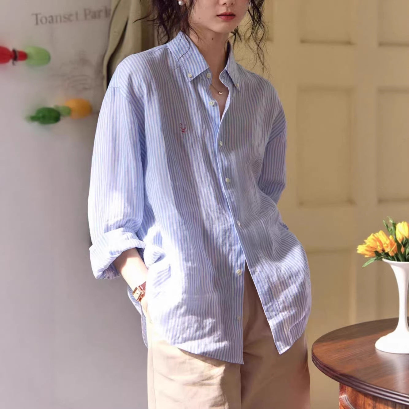 Linen Shirt Outerwear Design Long Sleeve Blouse Coat Embroidered Top