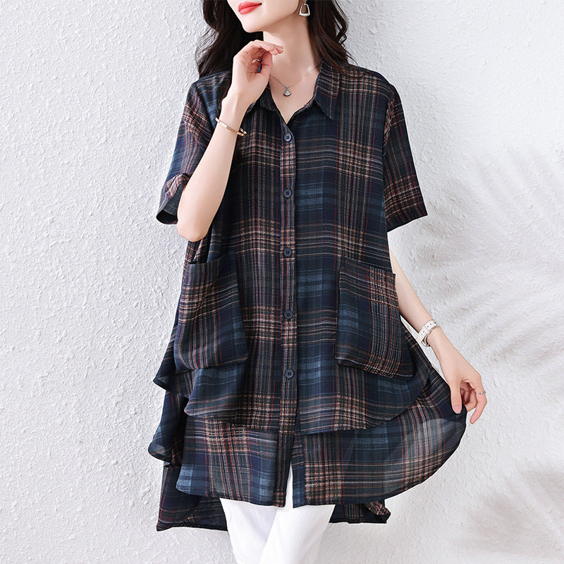 Plus Size Women's Summer Fashion Versatile Plaid Chubby MM Elegant Shirt Loose Belly Covering Slimming Blouse