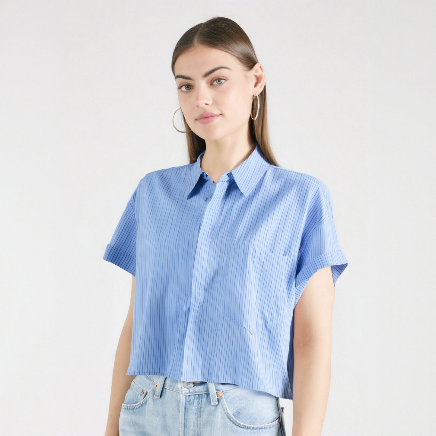 Fashion collar short sleeved single breasted solid color poplin shirt for women