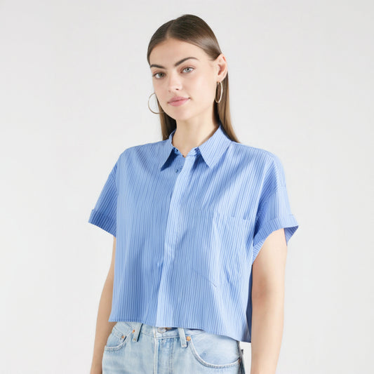 Fashion collar short sleeved single breasted solid color poplin shirt for women