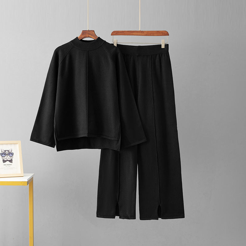 Solid color round neck sweater wide leg pants set