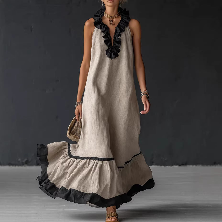 Sleeveless V-neck loose ruffle side length vest dress