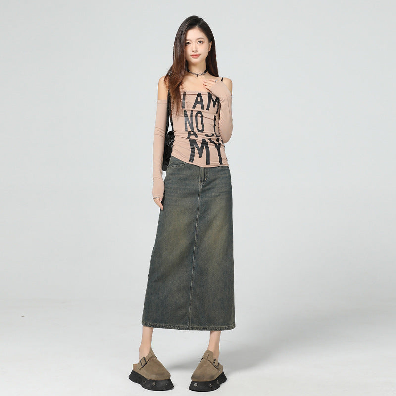 Women's Vintage Blue Slimming Denim Skirt with Slit Design Straight Skirt