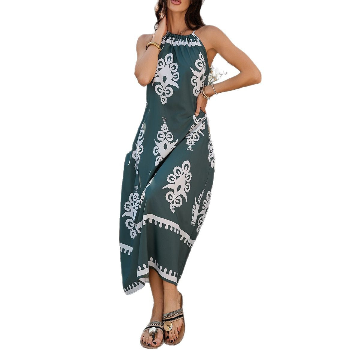 Bohemian vacation style contrasting color hanging neck sleeveless dress for women