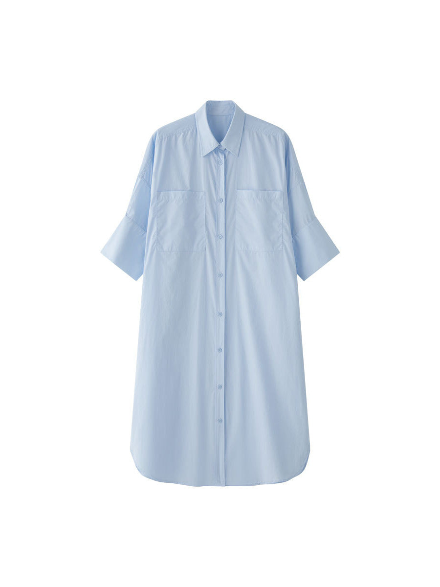 Blue shirt casual slimming mid length top for women