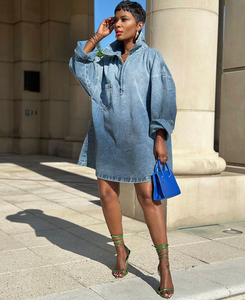 Women's Western Style Dress Summer Casual Loose Denim Dress with Turn-Down Collar Fashionable Long Dress