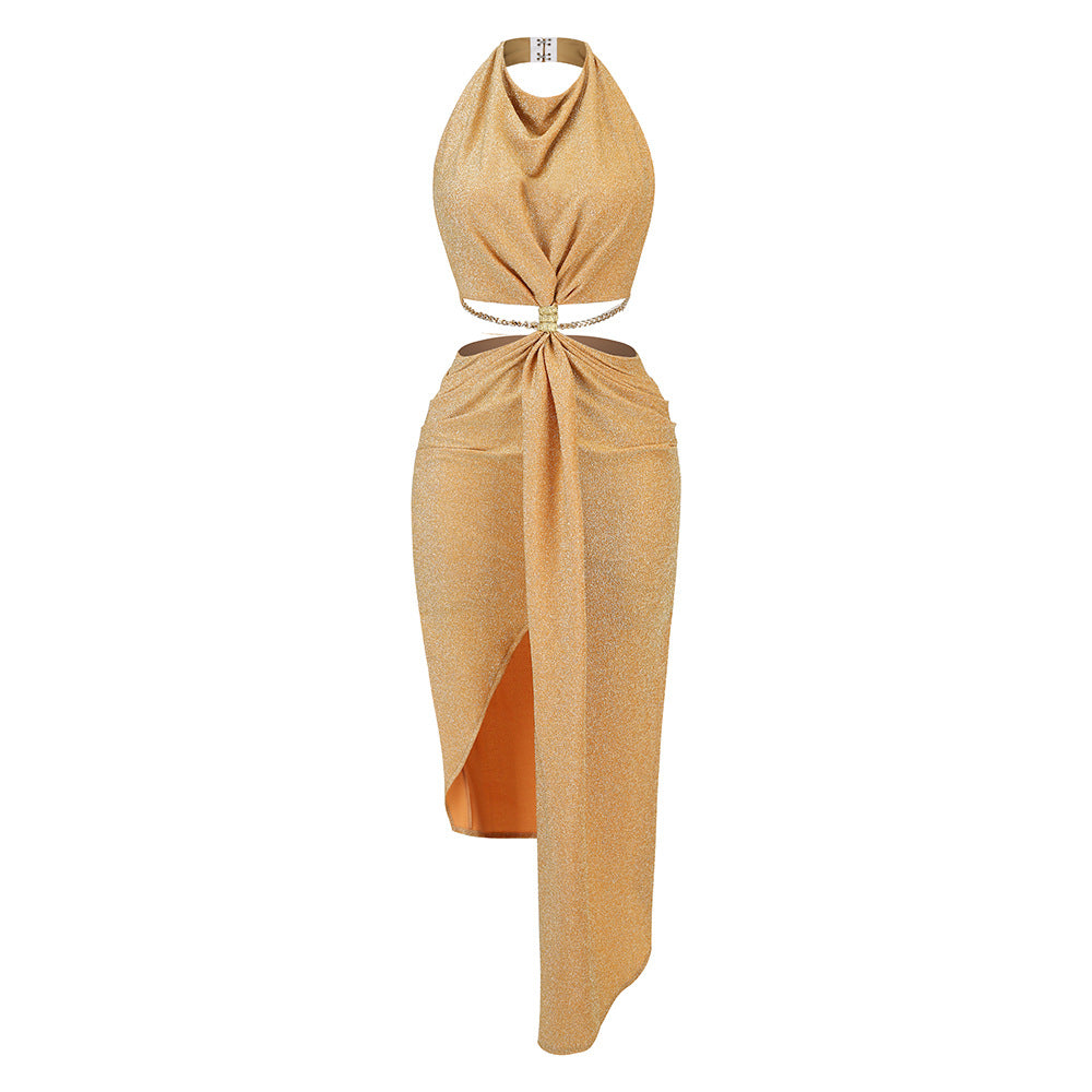 Women's Sexy Backless Halter Neck Slit Dress Long Elegant Temperament Package Hip Skirt