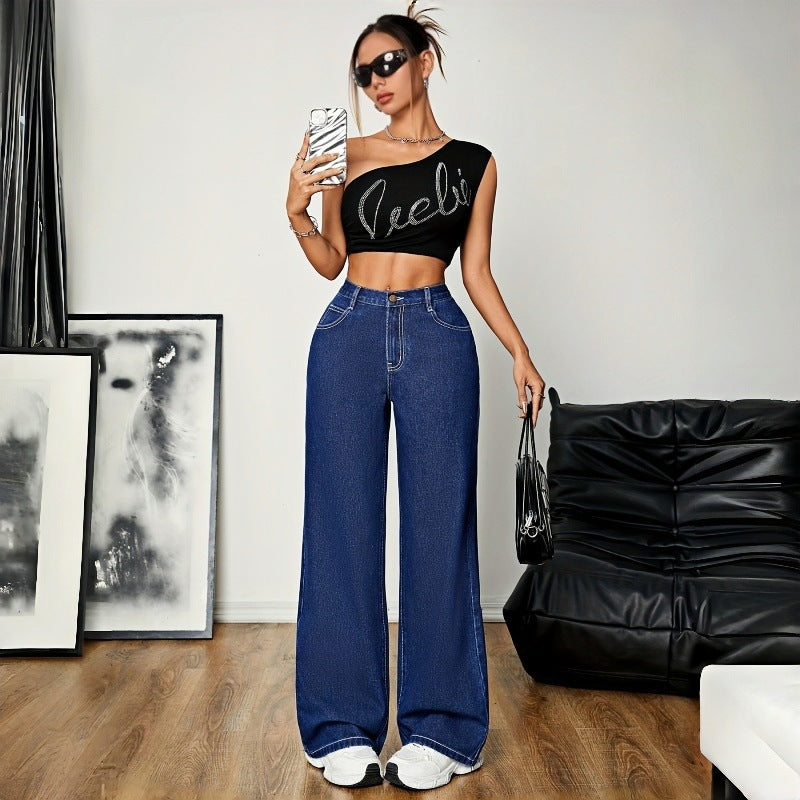 High Waist Non-Stretch Dark Wash Loose Wide Leg Denim Pants