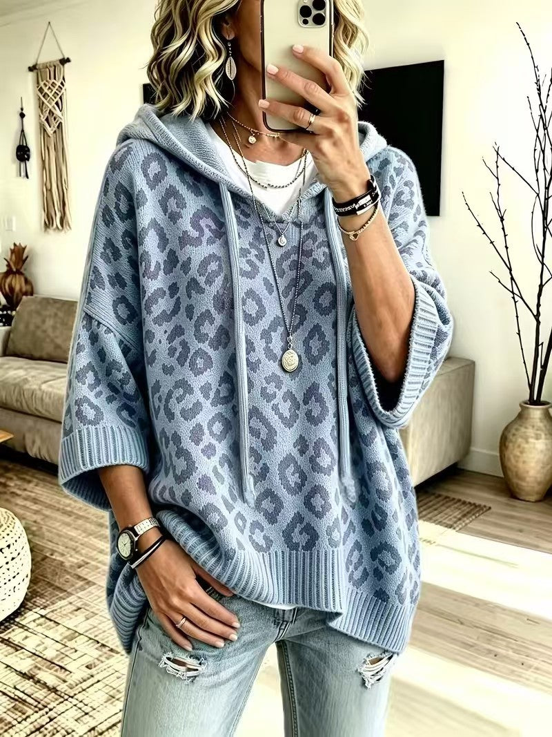 Leopard print hooded drawstring knit pullover hoodie knit
