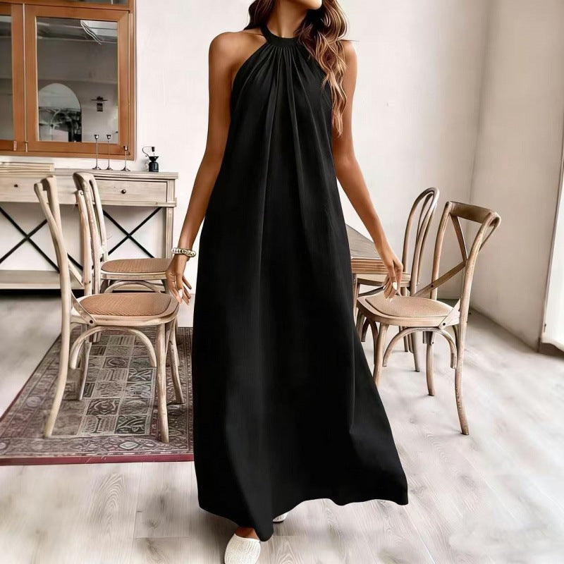 Elegant Solid Color Loose Fashion Halter Backless Long Dress for Women