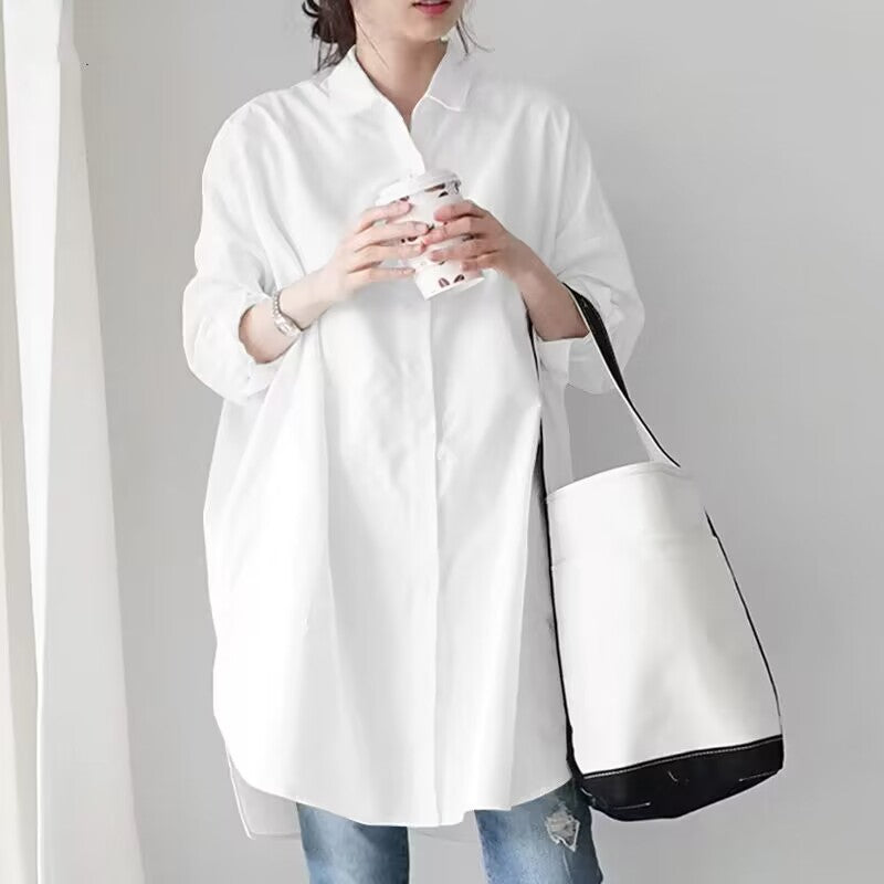Women's New Long-sleeved White Shirt Medium and Long Length Fashionable Lazy and Loose Design with Pockets