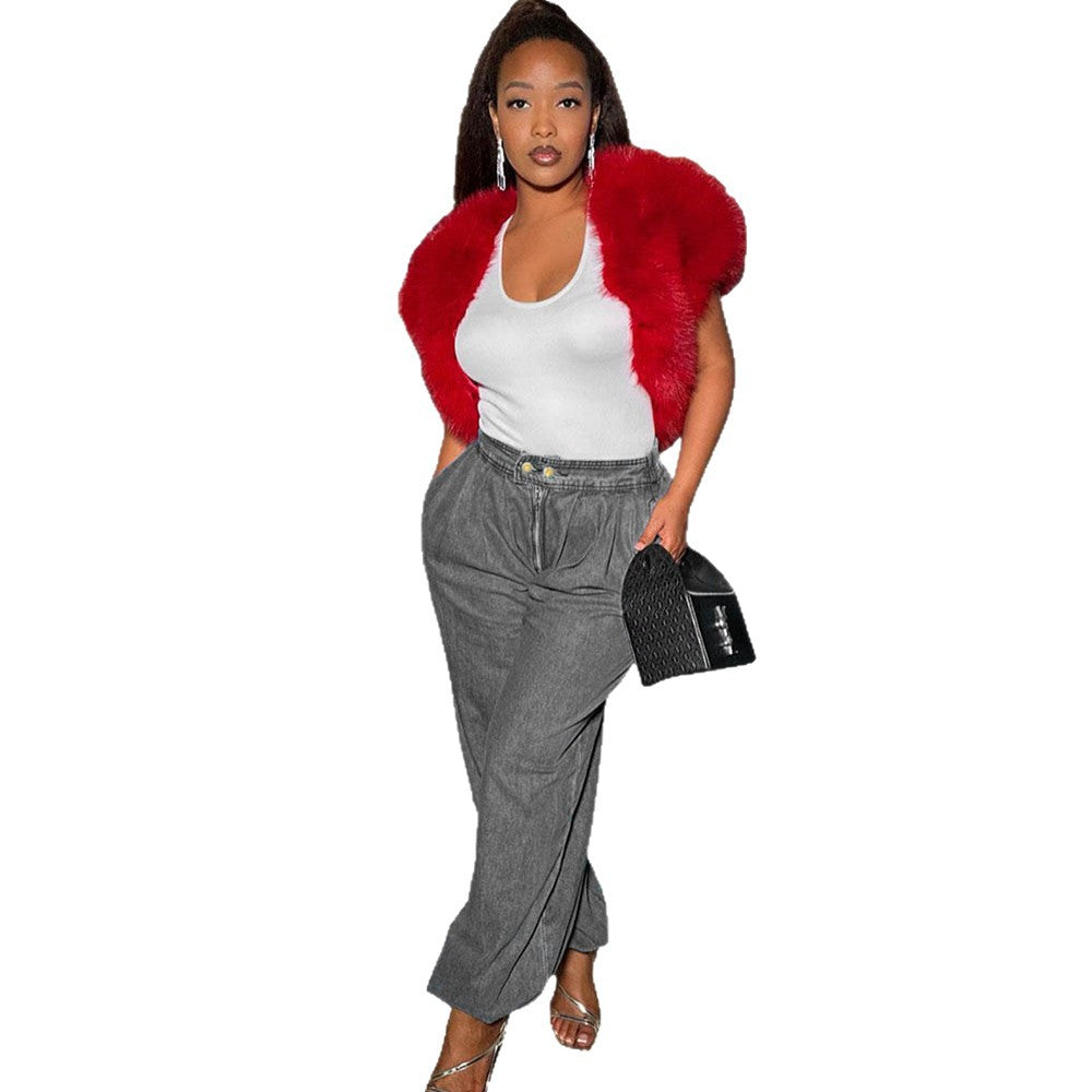 Casual Loose Fit Women's Jeans with Zipper Cuff and Elastic Waistband Fashionable Denim Pants