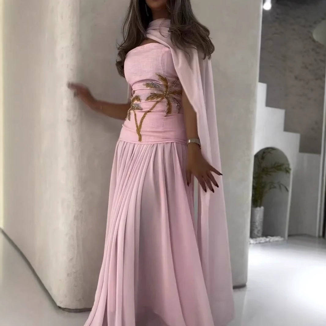 Sexy Chiffon Cape Beaded Evening Dress for Women