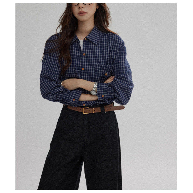Checkered Shirt Women Spring Summer New Casual Loose Versatile High-end Checkered Blouse