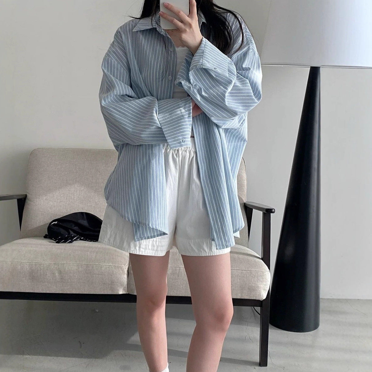 Polo Collar Light Blue Long Sleeve Striped Shirt Women's Chic Loose Cardigan Top