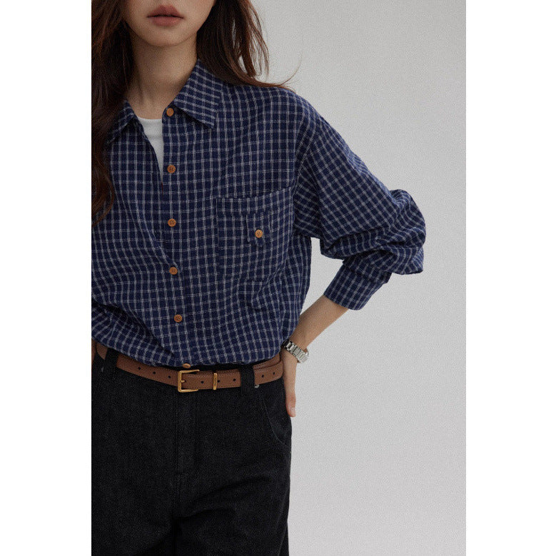 Checkered Shirt Women Spring Summer New Casual Loose Versatile High-end Checkered Blouse