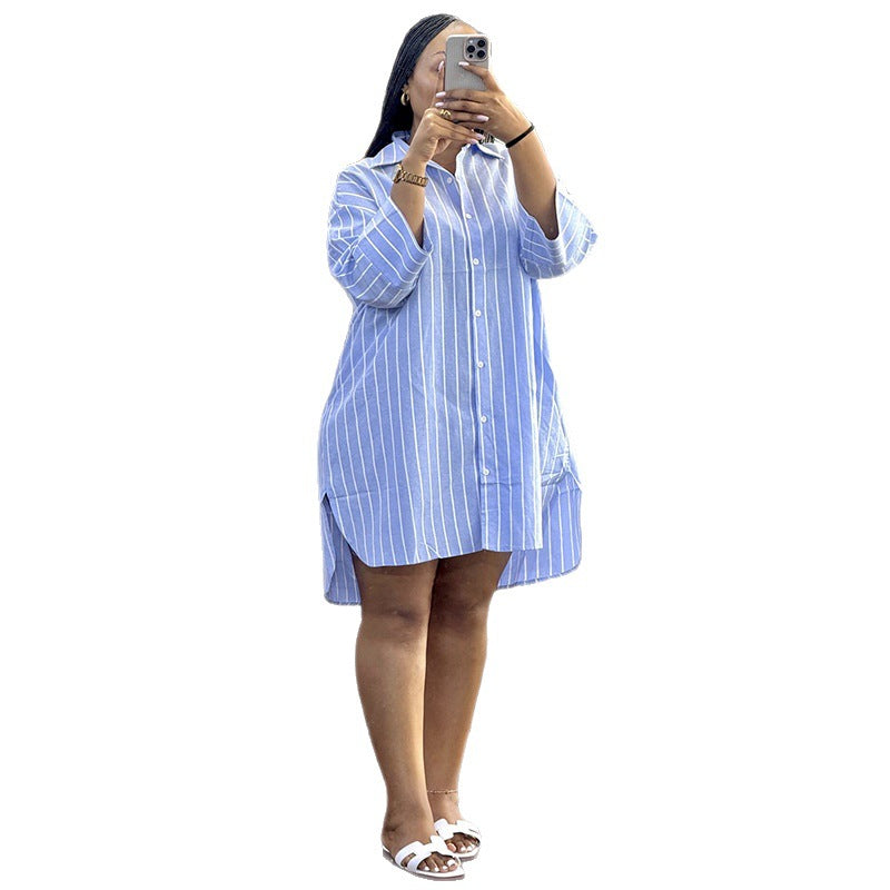 Collar breasted loose striped long sleeved mid length shirt for women