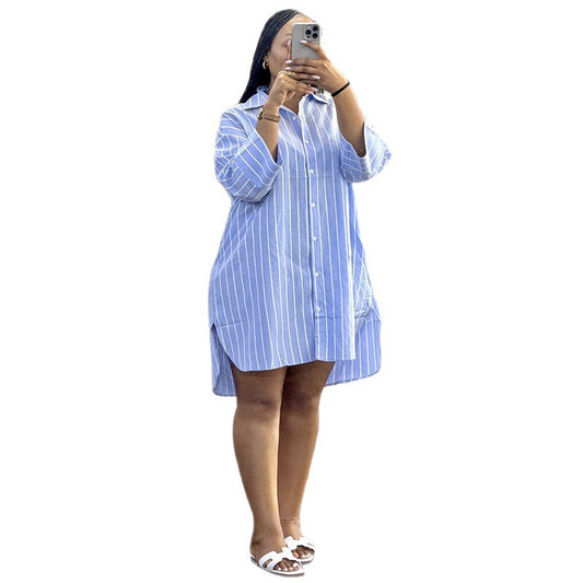 Collar breasted loose striped long sleeved mid length shirt for women