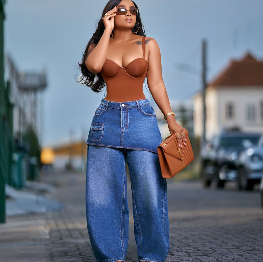 Straight Leg Denim Pants for Women Washed Elastic Waist, Streetwear Denim Skirt Pants
