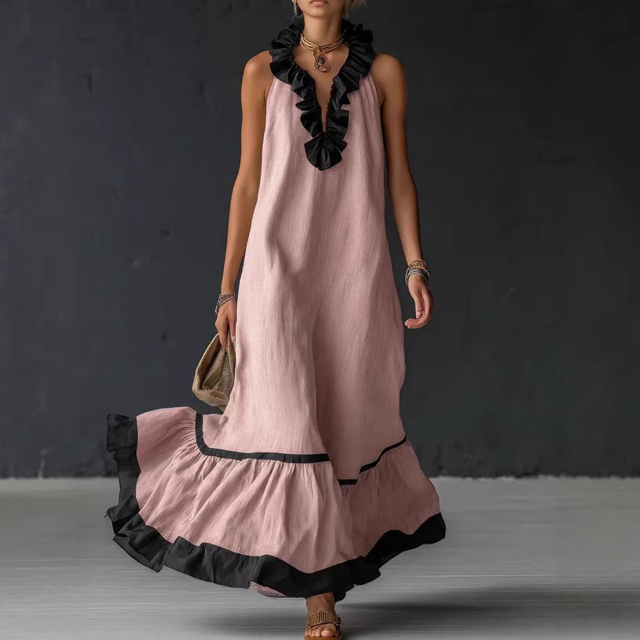Sleeveless V-neck loose ruffle side length vest dress