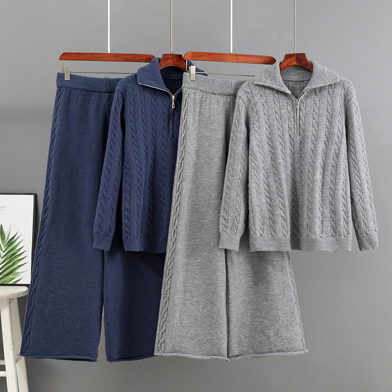 Half zip sweater loose wide leg pants two-piece set for women