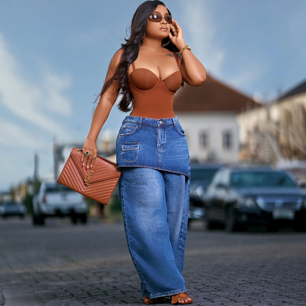 Straight Leg Denim Pants for Women Washed Elastic Waist, Streetwear Denim Skirt Pants