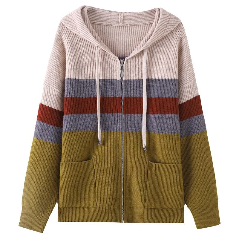 Striped Double Zipper Hooded Knit Cardigan for Women, Loose Slim Fit Sweater Top Outerwear