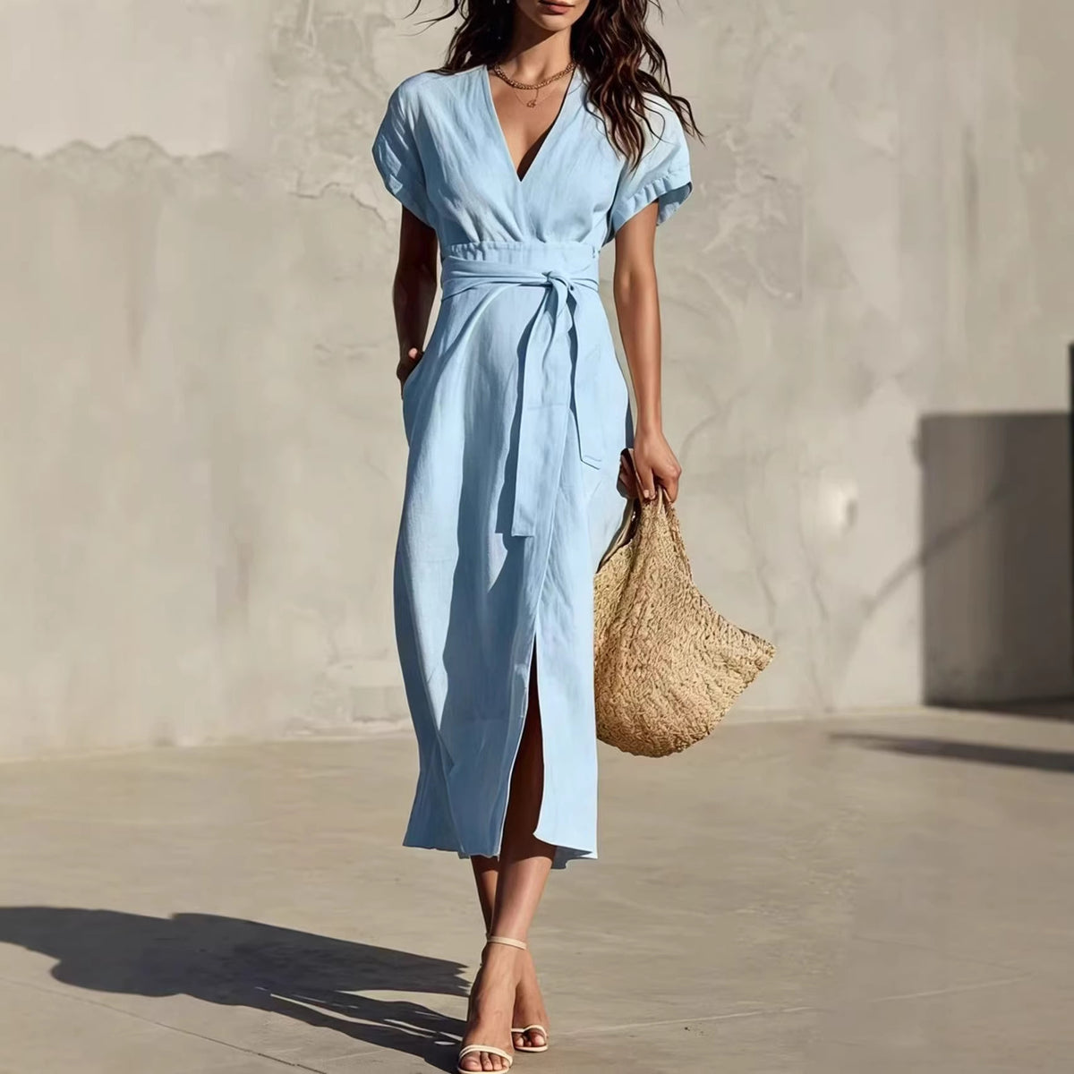 Casual Minimalist Solid Color Tie-Neck Pocket Midi Dress with V-Neckline