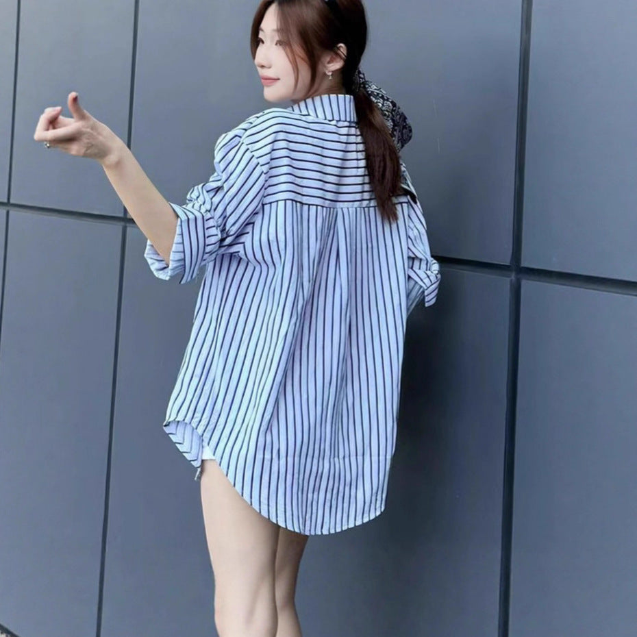 Style Striped Shirt Women's Casual Loose Fit Slimming Age-Reducing Blouse Top