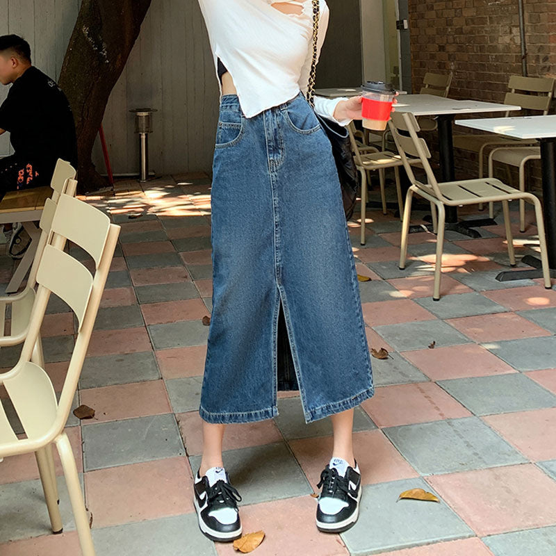 Half-sleeve High-Waisted Split A-Line Denim Skirt for Women, Vintage INS Style Slim-Fitting Mid-Length Bodycon Skirt