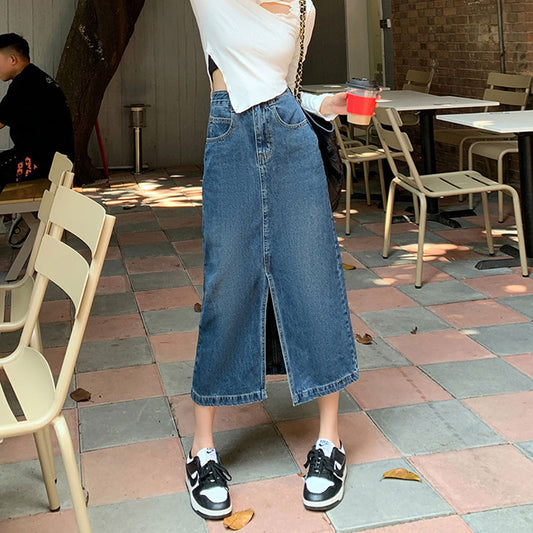 Half-sleeve High-Waisted Split A-Line Denim Skirt for Women, Vintage INS Style Slim-Fitting Mid-Length Bodycon Skirt