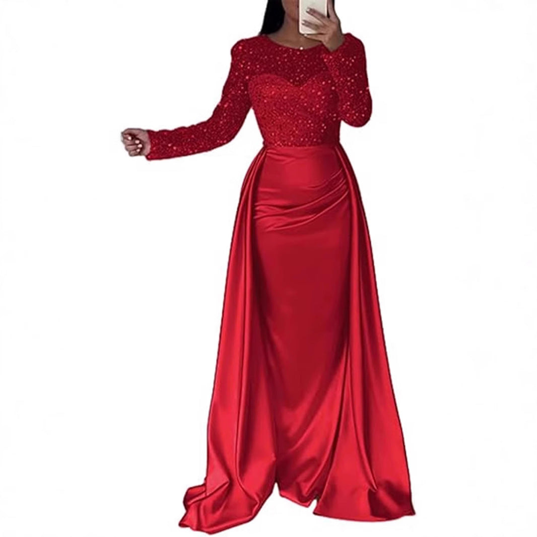 Elegant Long Sleeve Sequin Evening Gown for Women Formal Party Hostess Dress, Chic Lady Look