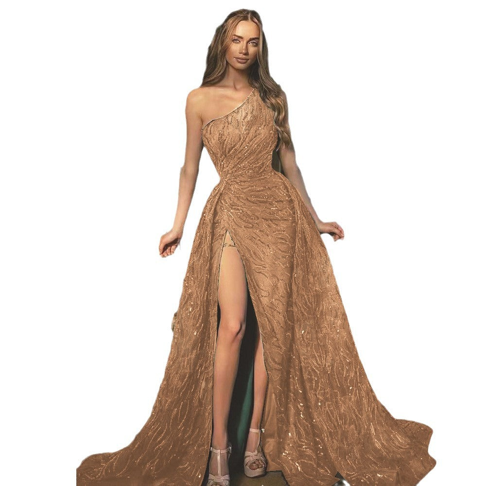 Chic Asymmetric Shoulder Slit Long Dress for Women with Sequins and Strap Detailing, Evening Gown, Formal Wear