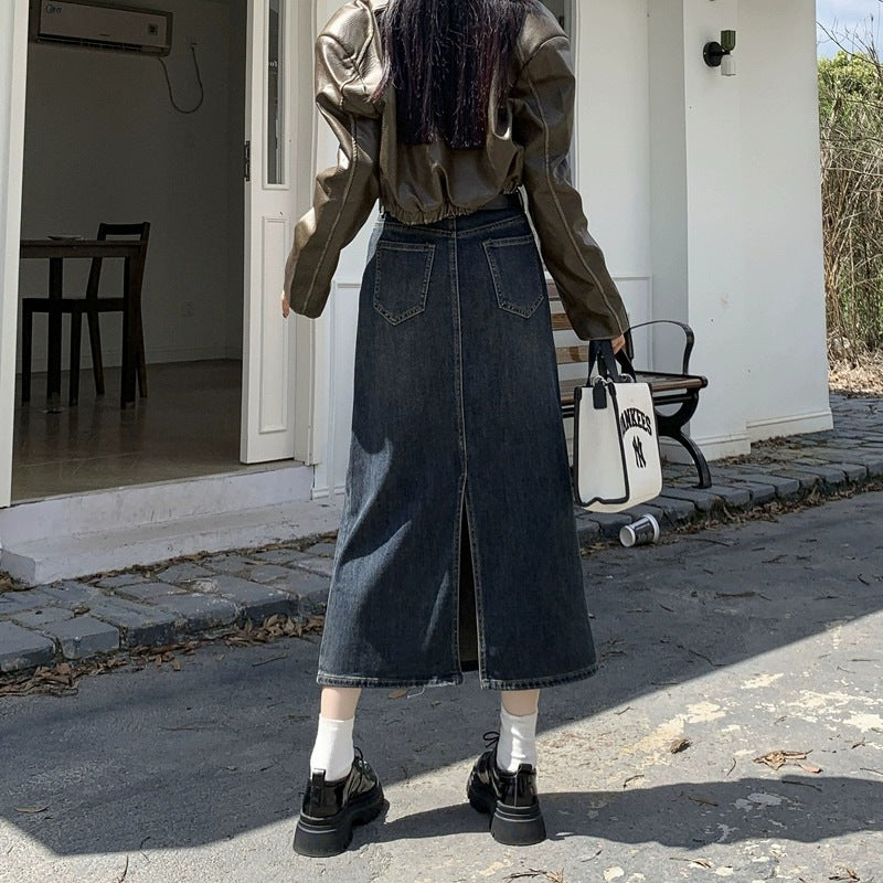 Vintage High-Waist Denim Midi Skirt for Women Split Design Slim Fit A-Line Skirt