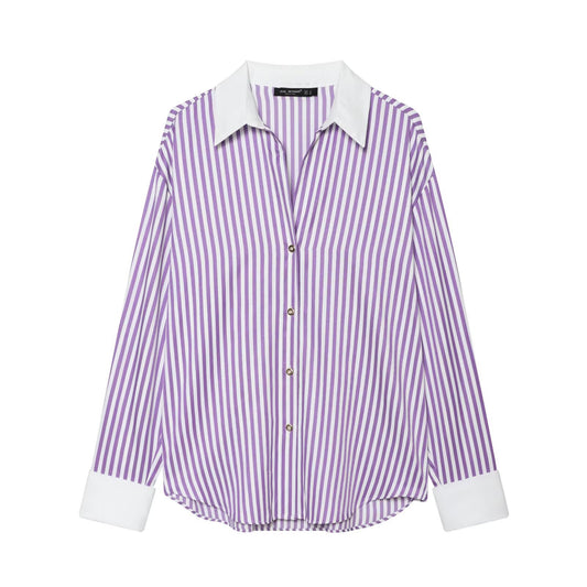 Long sleeved lapel casual striped poplin shirt