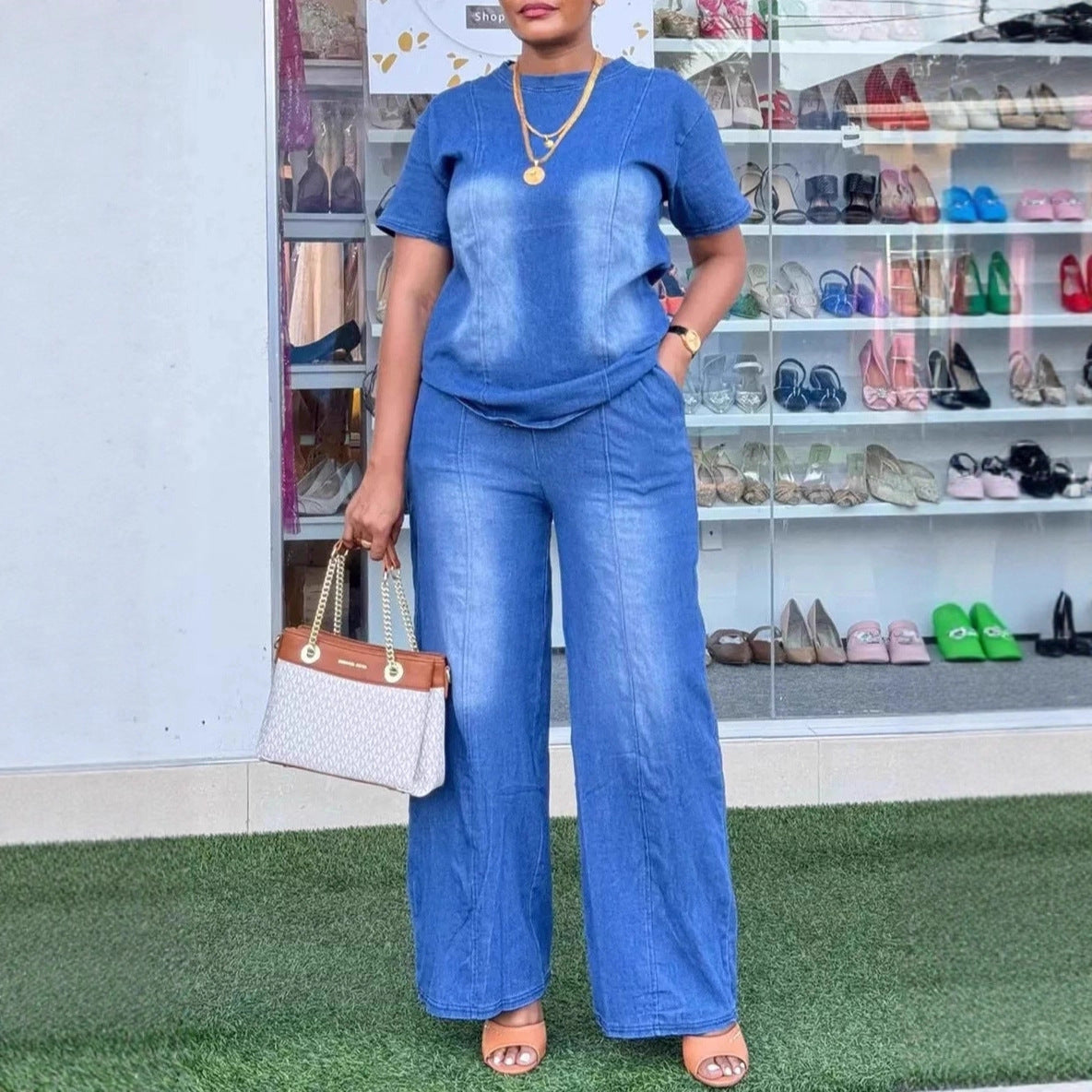 Fashion Washed Blue Loose Short Sleeve Denim Women's Set Casual Style