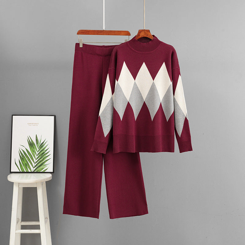 Loose round neck sweater wide leg pants two-piece set for women
