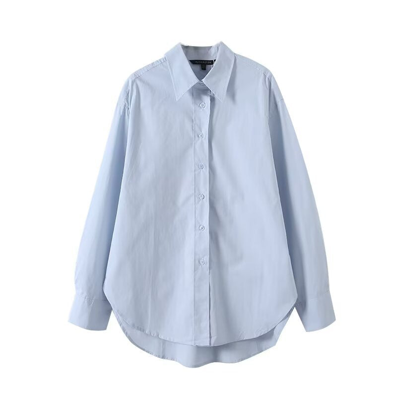 Collar long sleeved single breasted loose and versatile long cut shirt for women