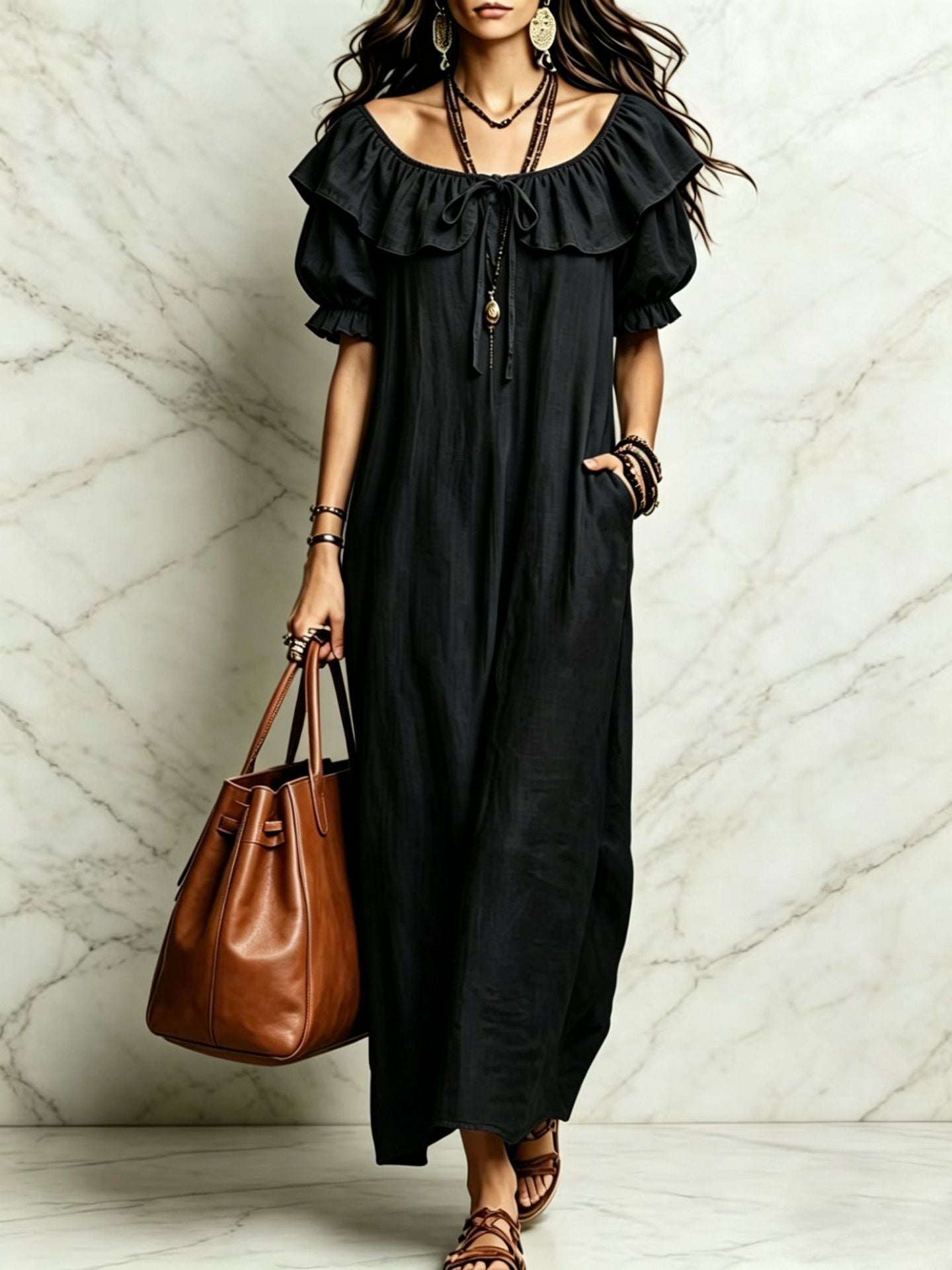 Casual Elegant Round Neck Ruffle Beach Vacation Dress for Women