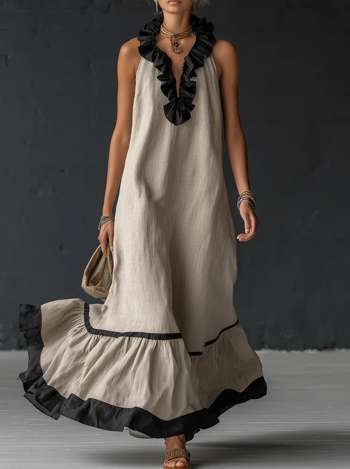 Sleeveless V-neck loose ruffle side length vest dress