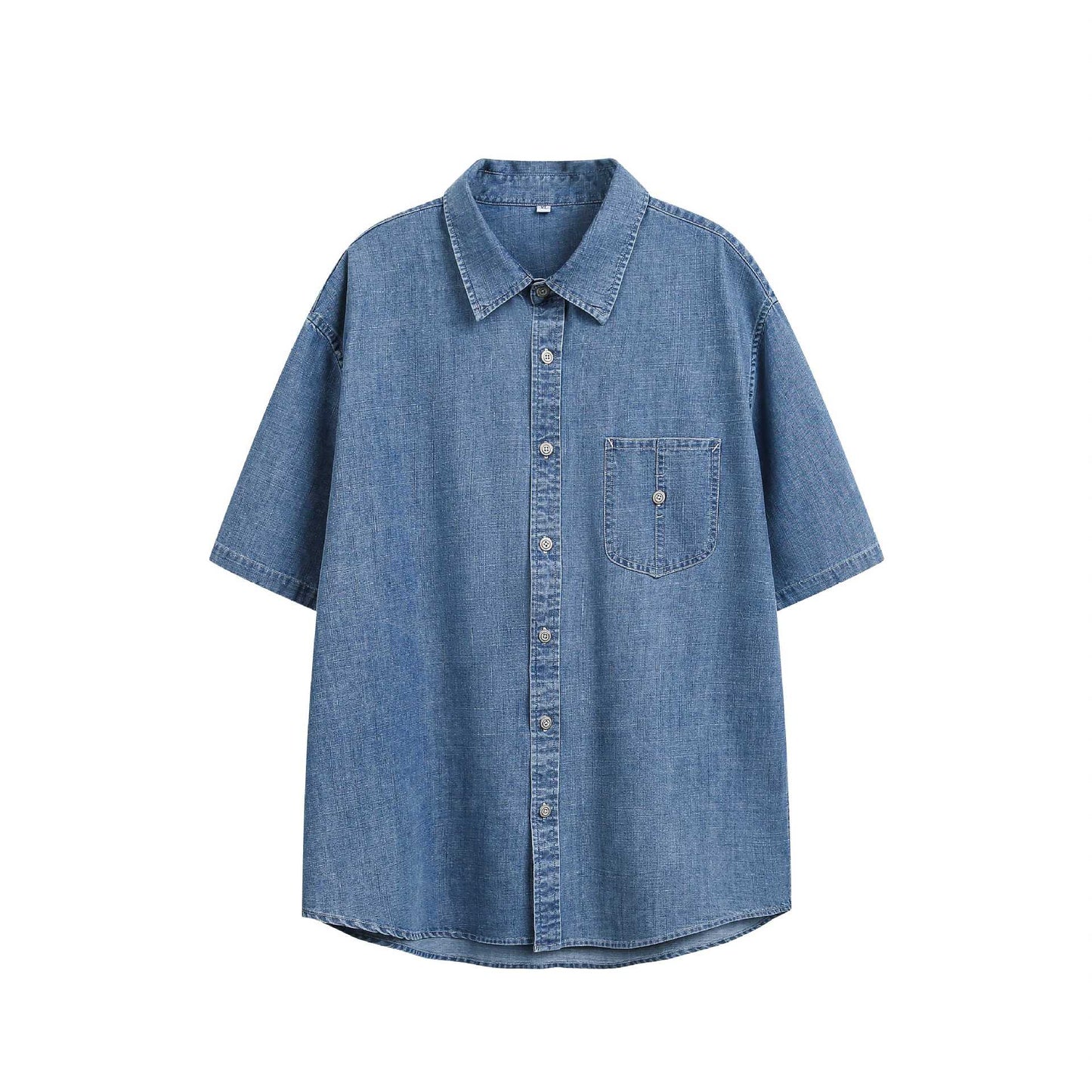 Washed and ground white single breasted loose short sleeved denim shirt